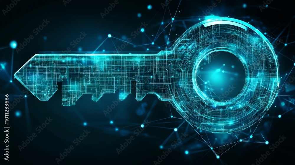 Poster digital security key, concept of cybersecurity and data encryption, abstract technology background.