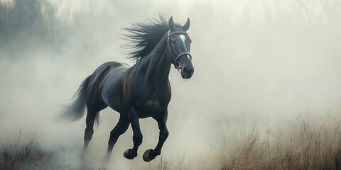 Obraz premium A majestic black horse runs gracefully through a misty field, embodying freedom and beauty in nature's embrace.
