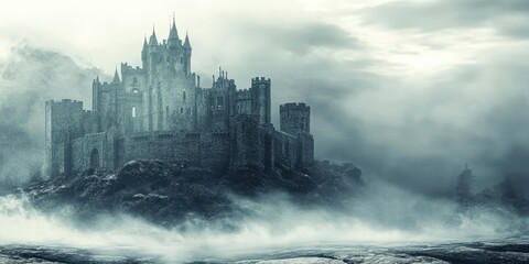 A majestic castle shrouded in mist, evoking a sense of mystery and enchantment in a dramatic landscape.
