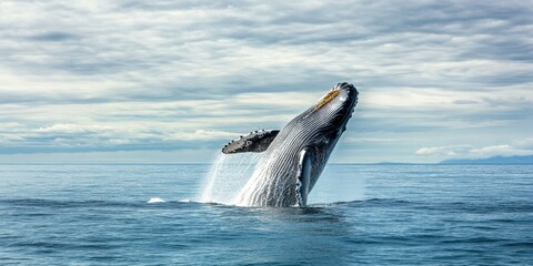 Fototapeta premium A majestic whale breaches the surface of the ocean, showcasing its power and grace against a backdrop of cloudy skies.