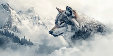 A majestic wolf gazes into the distance amidst a misty mountain landscape, embodying strength and mystery in a serene environment. © Kamonwan