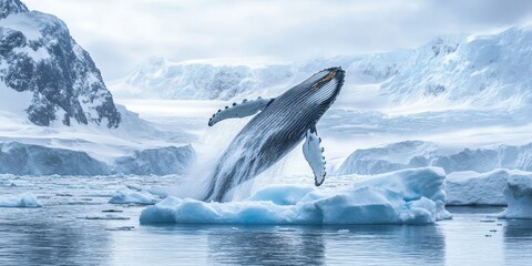 Fototapeta premium A majestic whale breaching the icy waters, showcasing nature's beauty amidst a stunning frozen landscape.