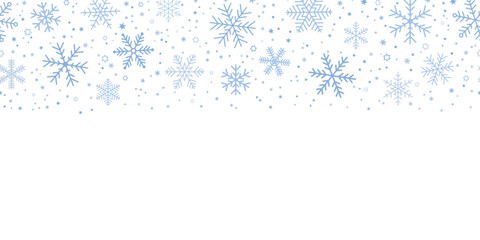 Christmas banner with blue snowflakes, stars and falling snow seamless border, isolated on white background.