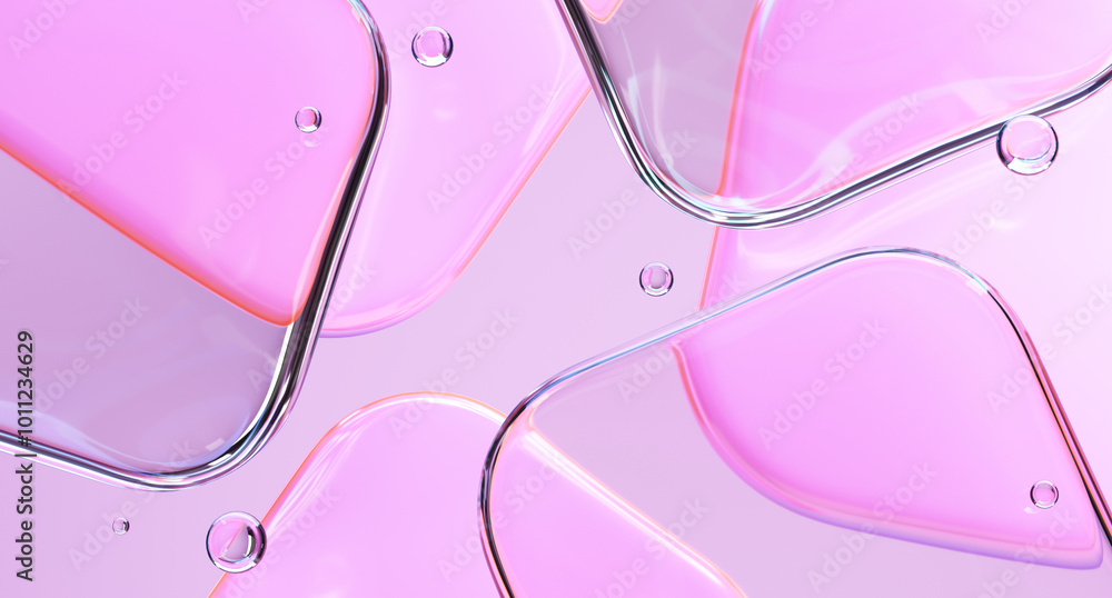 Poster glass shapes with colorful reflections composition. 3d rendering illustration.