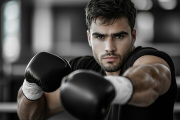 Close-up Portrait of a Boxer Wearing Black Gloves