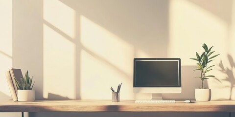 A modern workspace featuring a computer, plants, and natural light, creating a serene and productive environment.