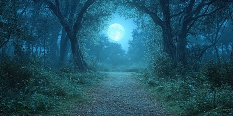 Obraz premium A mystical forest path illuminated by a glowing full moon, surrounded by dense trees and serene atmosphere, inviting exploration.