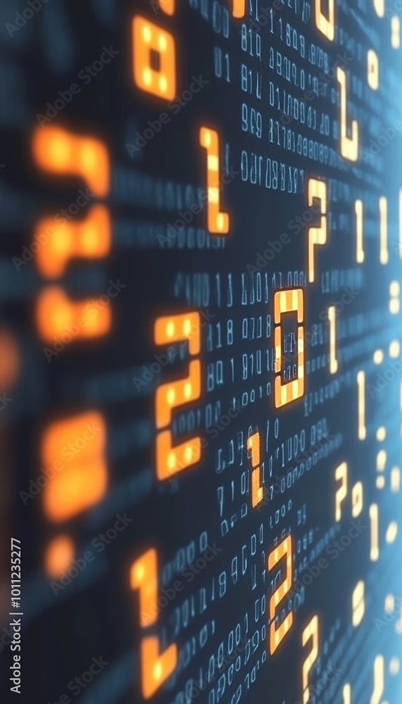 Poster glowing binary code stream flowing on dark background, digital data, technology concept.