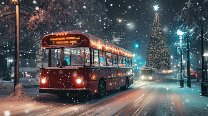 Obraz premium decorated city bus in the snow with a christmas tree in the background