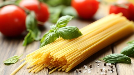 Spaghetti pasta, tomato, basil: Italian dish base
