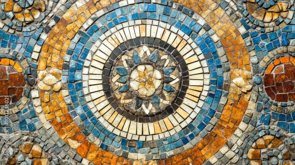 Poster close-up of a colorful mosaic tile pattern with a central floral design.