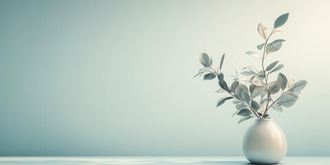 A serene composition featuring a minimalist vase with delicate leaves against a soft, tranquil background.