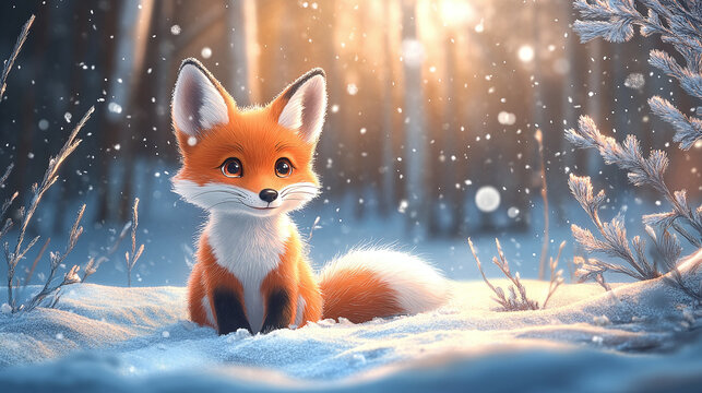 cute baby fox in a winter forest on a winter day. christmas fox
