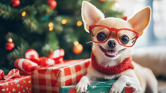 cute chihuahua dog with stylish fasioned glasses smile and joyful with christmas tree decorating and colorful present gift box festive concept