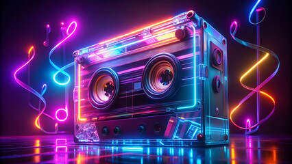 A futuristic cassette tape player with glowing neon details and floating music notes.