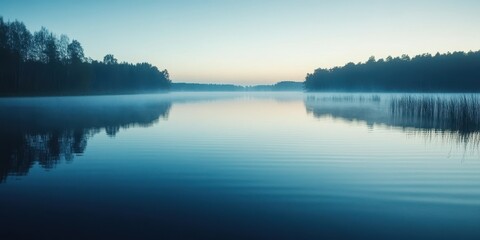 Fototapeta premium A serene landscape featuring a calm lake at dawn, surrounded by mist and reflecting soft blue hues of morning light.