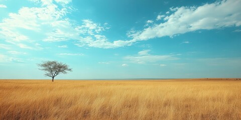 Fototapeta premium A serene landscape featuring a solitary tree amidst golden grass under a vibrant blue sky with fluffy clouds.