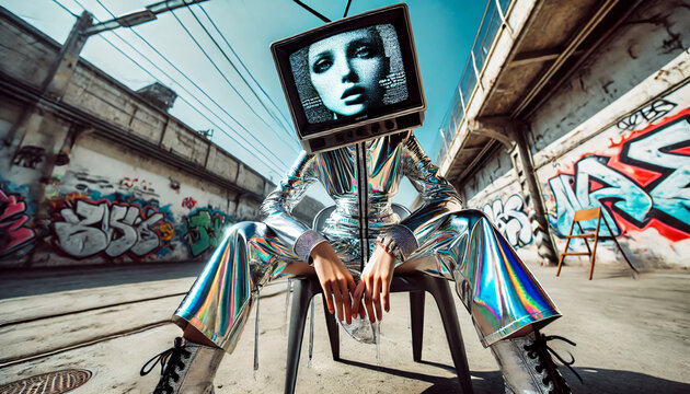 Fashion model with TV head wearing silver urban clothing 