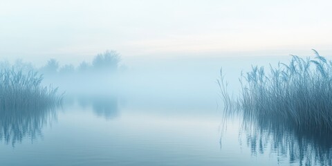 A serene misty landscape featuring still waters and tall reeds, creating a tranquil and ethereal atmosphere at dawn.