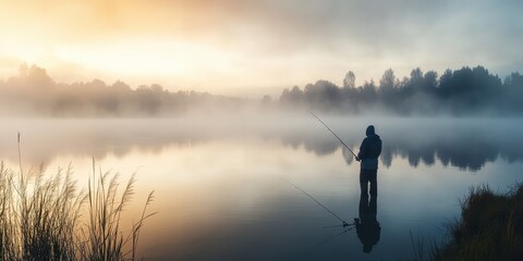 A serene morning scene of a fisherman casting a line into a misty lake, surrounded by tranquil nature and soft sunrise light.