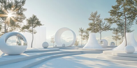 A serene outdoor landscape featuring abstract white sculptures and trees under a bright sky, perfect for modern design inspiration.