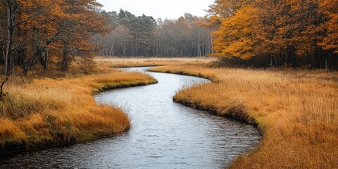 A serene river winding through autumn landscapes, showcasing vibrant orange and yellow foliage amid tranquil waters.