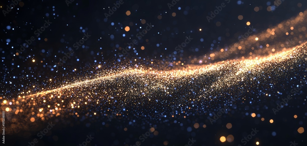 Poster a shimmering wave of golden particles glimmers against a dark background, creating a mesmerizing and