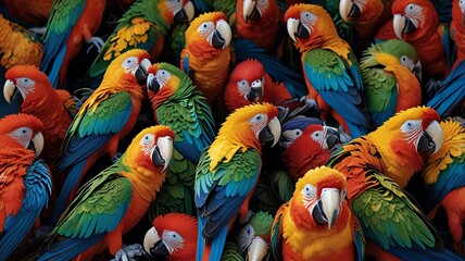 Naklejka premium A vibrant group of colorful parrots.