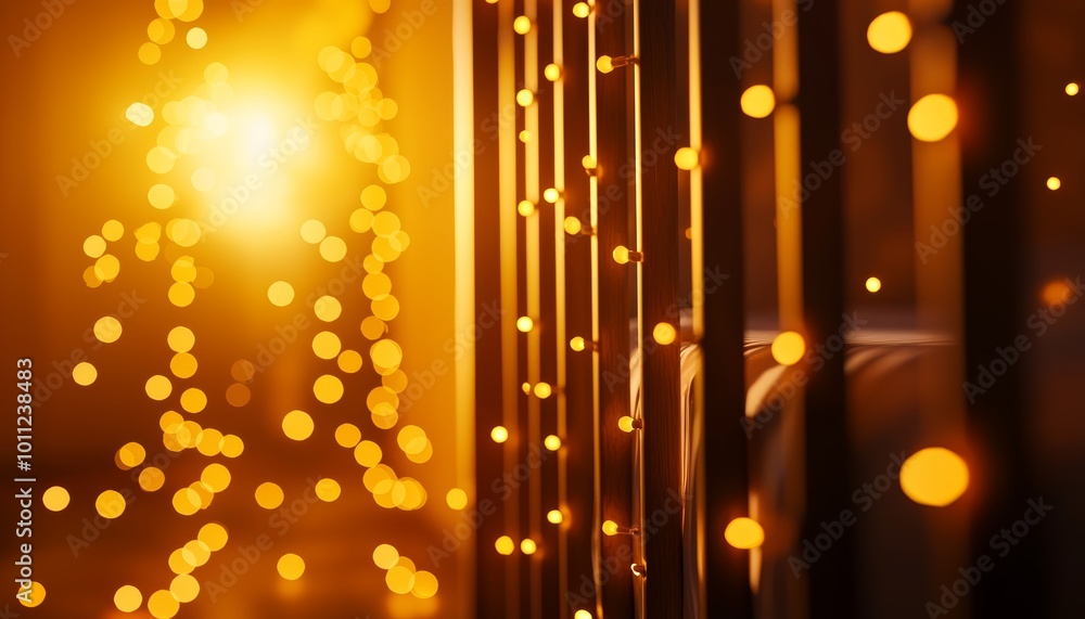 Poster a warm, glowing scene featuring soft lights and shadows, creating a cozy atmosphere with a hint of c