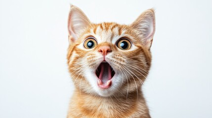 Funny Ginger Cat with Shocked Expression and Wide Eyes on White Background