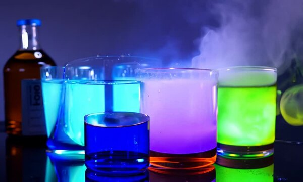 Chemical experiment with smoke in chemical test tubes and glass bottles on laboratory table