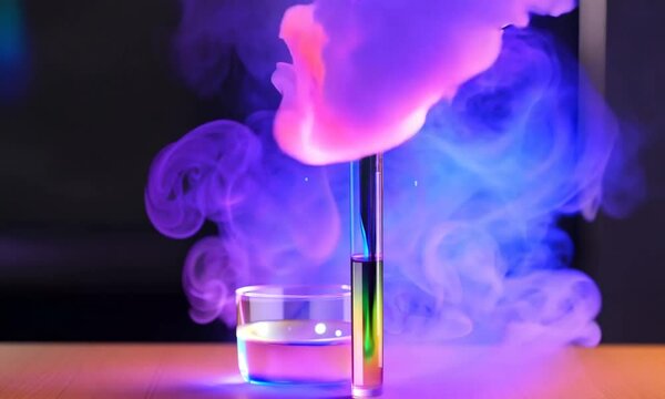 Chemical experiment with smoke in chemical test tubes and glass bottles on laboratory table