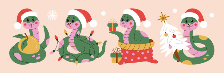 A festive collection of cute snakes in Santa hats celebrating 2025. Flat style design with bright colors, perfect for New Year and Christmas-themed greeting cards, stickers, and holiday decorations.