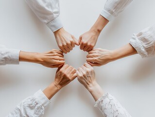 A photograph of six people’s fists coming together in a circle, symbolizing unity and teamwork