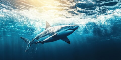 Naklejka premium A stunning underwater view of a shark swimming gracefully beneath the sunlit surface, showcasing marine beauty and power.