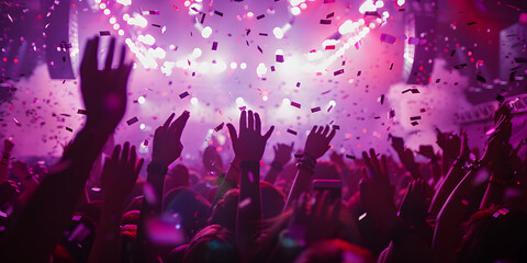 Crowd of people dancing at music concert. Rock festival with silhouettes of hands, explosion of colorful confetti and light show. New year party in night club. Concept of fun and energetic nightlife.