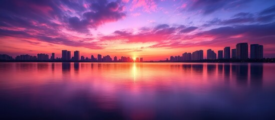 Cityscape silhouette with a stunning sunset reflected on the water.