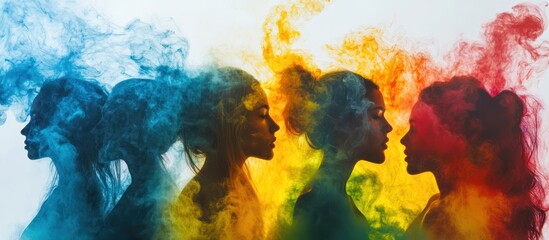 Four women's silhouettes with colorful smoke behind them in profile.