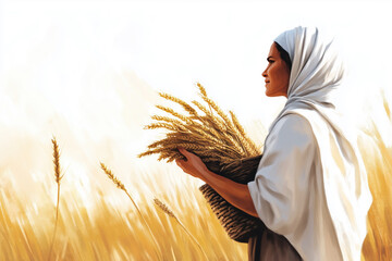 Depiction of biblical Ruth gathering wheat in a field, symbolizing faithfulness, humility, and devotion in a peaceful and serene setting.