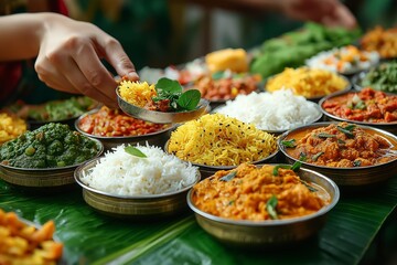Obraz premium Hand serving traditional Indian vegetarian food with rice and curries on a festive banana leaf