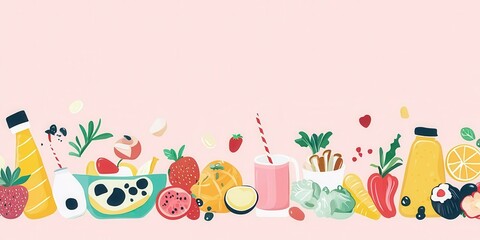 A vibrant array of fruits, vegetables, and drinks arranged artistically against a soft pink background.