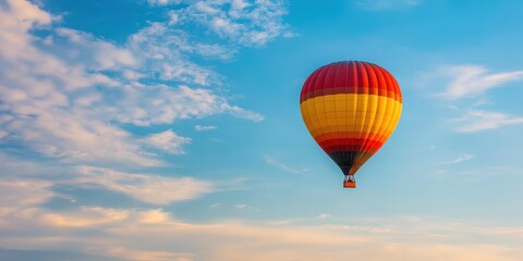 Naklejka premium A vibrant hot air balloon floats gracefully against a beautiful blue sky with fluffy clouds, capturing the essence of adventure.