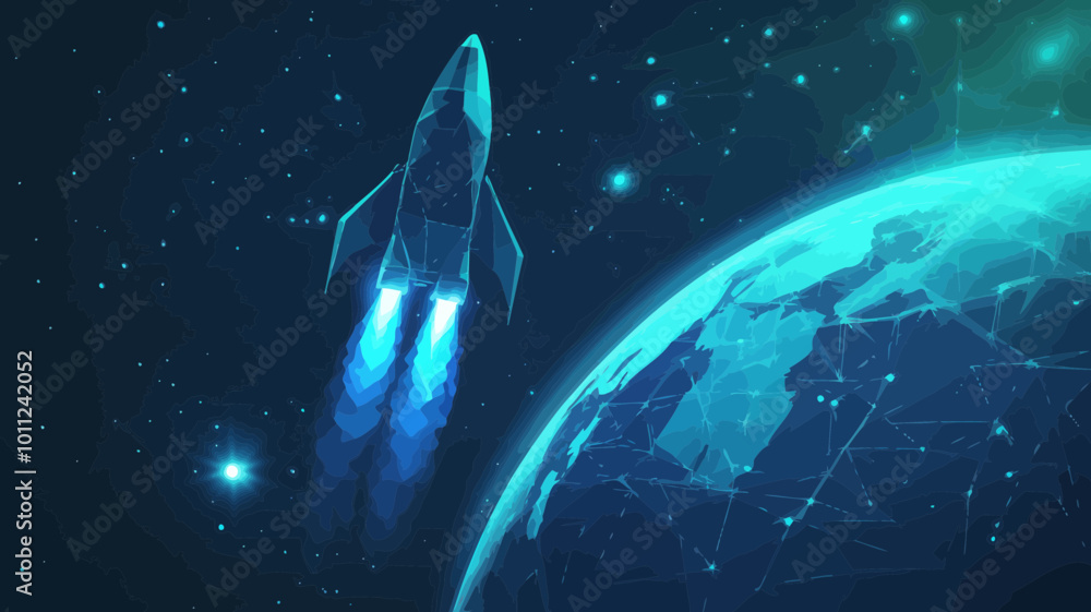 Poster digital rocket in earth's orbit - low poly wireframe vector illustration with abstract technological