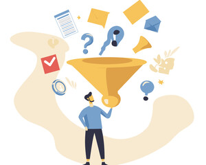 Smart Businessman Filtering Ideas and Solutions Through Funnel - Creative Problem Solving and Innovation Concept in Flat Minimalist Vector