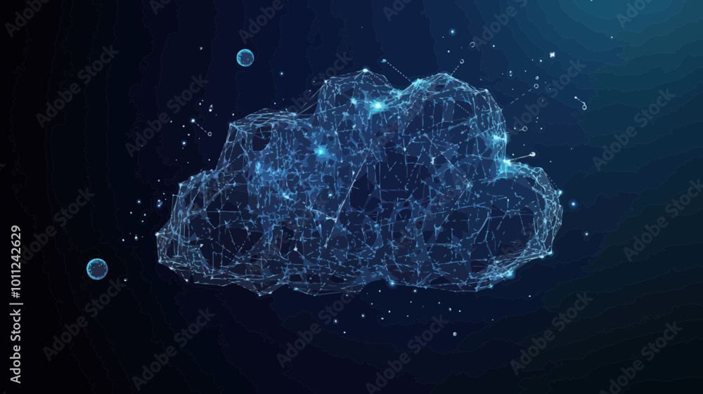 Poster abstract cloud dialogue in starry space with planets and stars, wireframe vector concept for communi