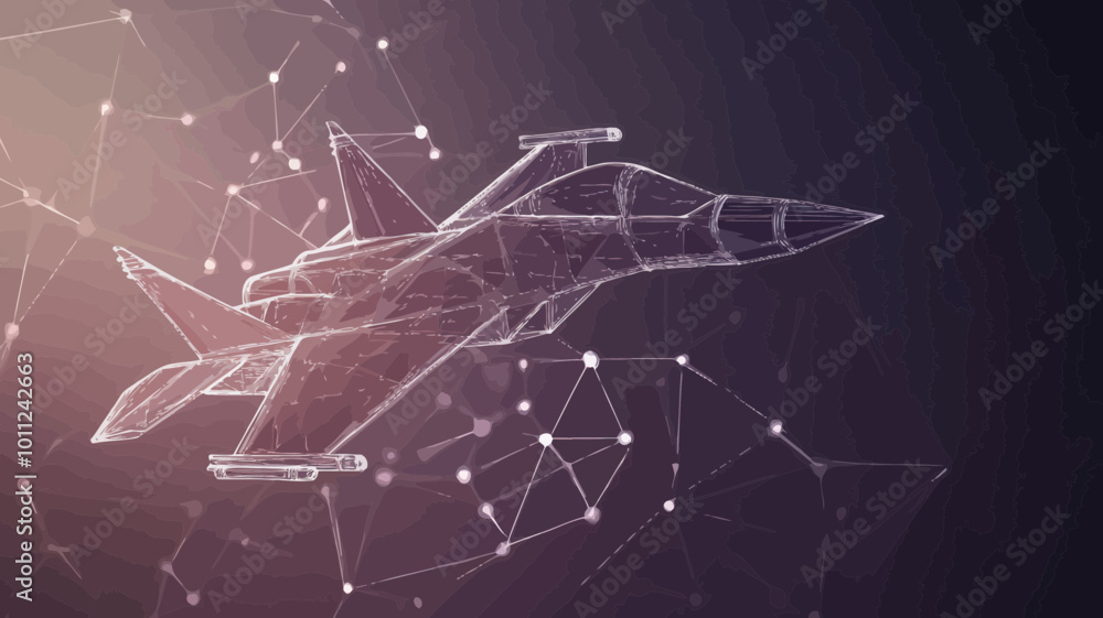 Poster polygon line grey fighter jet on abstract background with connecting dots and lines - futuristic vec