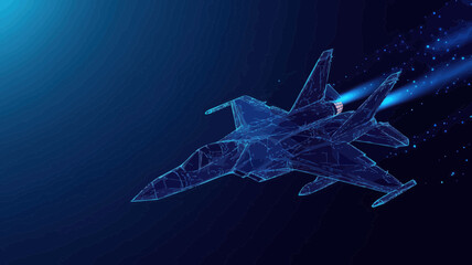 Abstract Low Poly Fighter Jet in Flight, Blue Polygonal Lines, Minimalist Vector Illustration, High-Speed Aviation Technology, Digital Art for Graphic Design and Technological Themes