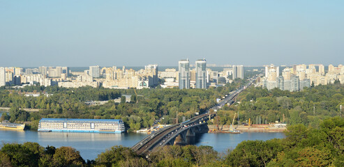 Paton bridge and Dnipro river Kyiv Ukraine panorama view