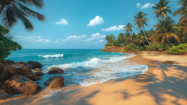 Secluded Indian Beach with rocky shore, clear skies, and palm trees