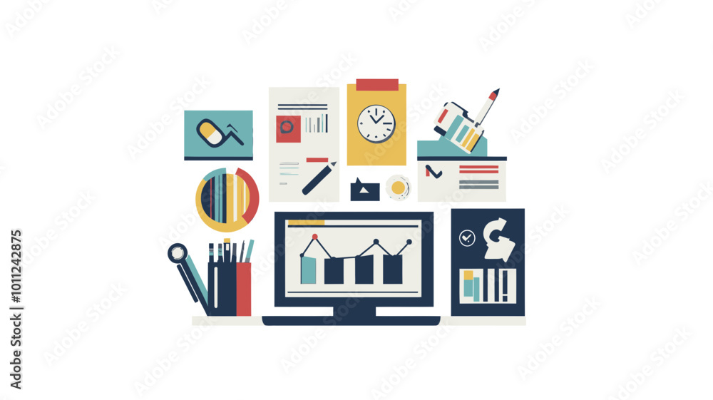 Aufkleber web design process infographic illustrations in flat style showing project management, analytics, to